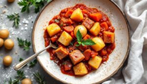 Spezzatino alla contadina: maiale e patate con un sughetto cremoso, tutto in un tegame